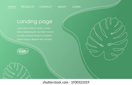 Landing page Template mit Monstera Blatt auf grünem Hintergrund. Einfaches tropisches botanisches Design, Vektorgrafik-Konzept für die Website-Entwicklung. Vektorgrafik