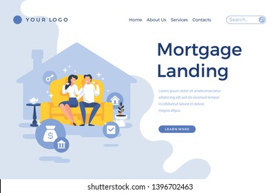 Landing page template mortgage hypothec concept with people characters. Modern flat design web page for website and mobile apps. Vector illustration