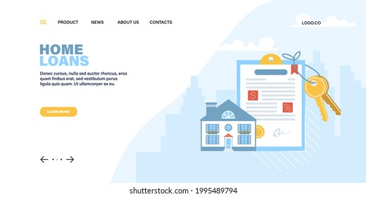 Landing page template for mortgage loan service with contract, house and keys. Bank service house real estate property. Vector illustration in a flat style