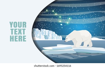 Landing page template with multi-level shadows and the image of a polar bear on an ice floe. Dark northern sky with the constellation Ursa Major. Vector illustration