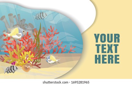 Landing page template with multi-level shadows and the image of the underwater world of the tropical sea. Vector web page