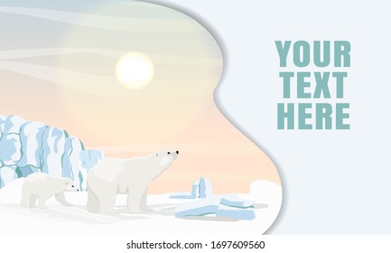 Landing page template with multi-level shadows and the image of a polar bear and her little bear walking in the snow and ice at dawn. Realistic vector