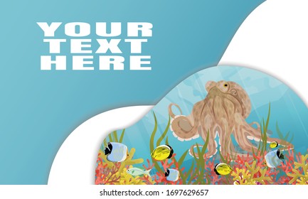 Landing page template with multi-level shadows and the image of big octopus and underwater world of the tropical sea. Vector web page