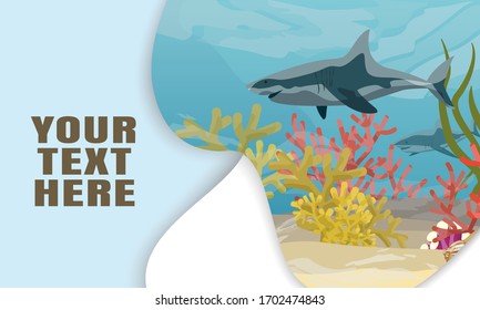 Landing page template with multi-level shadows and the image of two sharks and underwater world of the tropical sea. Vector web page