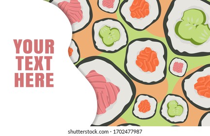 Landing page template with multi-level shadows and the image of sushi with different fillings. Vector