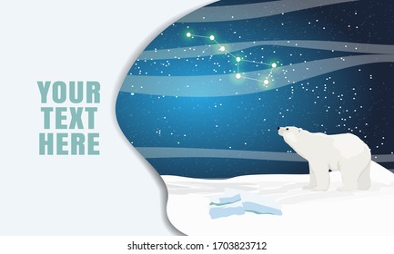 Landing page template with multi-level shadows and the image of a polar bear that looks at the sky. Dark northern sky with the constellation Ursa Major. Vector illustration