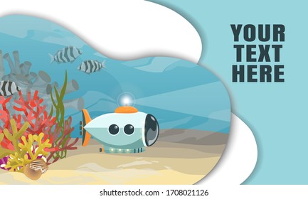 Landing page template with multi-level shadows and the image of a submarine that floats on the tropical sea. Vector web page