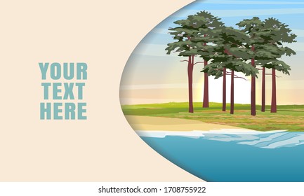 Landing page template with multi-level shadows. Pines on the coast of the sea or lake. Scandinavia and Baltic. Realistic vector landscape