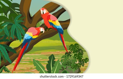 Landing page template with multi-level shadows. A pair of macaw parrot lovers sitting on a liana. Jungle A tropical forest. Rainforests of Amazonia. Realistic vector landscape