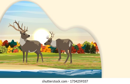 Landing Page Template mit mehrstufigen Schatten. Zwei Rentiere im Herbstwald. Männliche und männliche Hirsche stehen auf dem See. Vektorlandschaft.