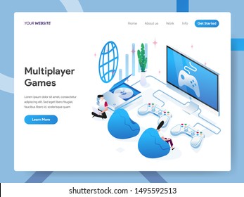Landing page template of Multiplayer Games Isometric Illustration Concept. Modern design concept of web page design for website and mobile website.Vector illustration EPS 10