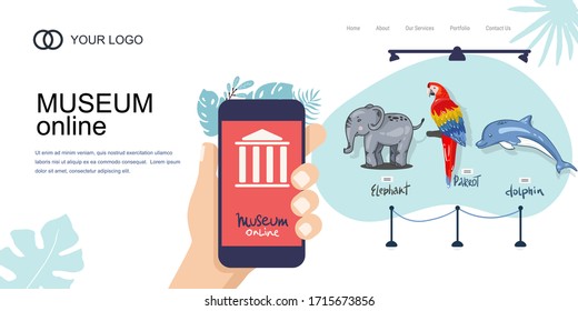 Landing Page Template. museum of nature online. zoo with animals. Elephant, parrot, dolphin. Online Tours Vector flat concept. Interactive museum exhibition. Virtual Museum online. phone in hand.