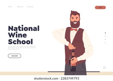 Landing page template for national wine school with happy man waiter uncorking wine bottle