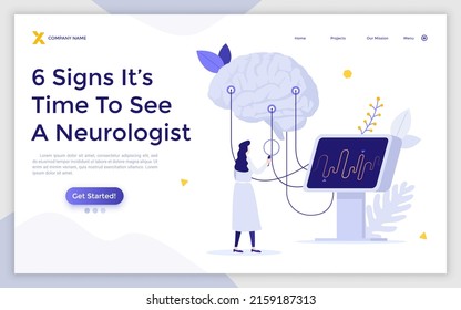 Landing page template with neurologist or neuroscientist looking at brain connected to display with EEG indication. Concept of symptoms of neurological disorder. Flat vector illustration for website.