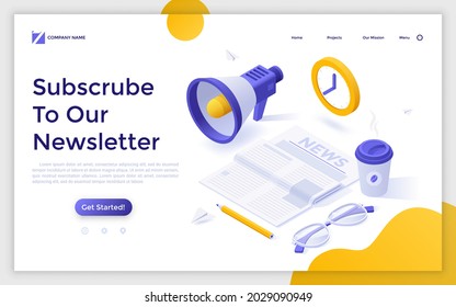 Landing Page Template With Newspaper, Megaphone, Clock, Glasses, Coffee Cup. Concept Of Subscription To Newsletter, Reading Business News Online. Modern Isometric Vector Illustration For Webpage.