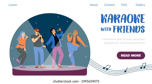 Landing page template for nightclub. Young singers with microphones singing songs at karaoke or music show. Performance band youth at party for friends. Flat vector illustration.