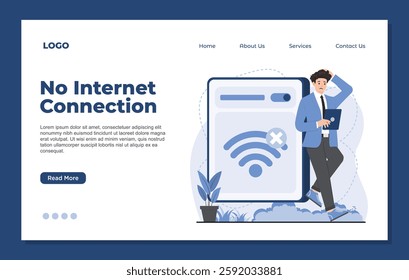 Landing page template No Connection concept with weak signal, internet error, and network failure offline mode illustration 