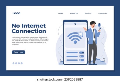 Landing page template No Connection concept with weak signal, internet error, and network failure offline mode illustration 