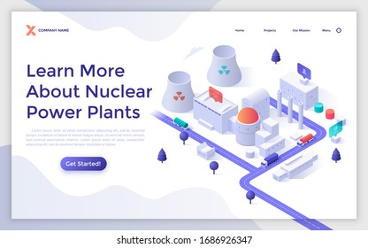 Landing page template with nuclear power plant, cooling towers, factory buildings. Concept of electric energy generation in urban industrial area. Modern isometric vector illustration for website.