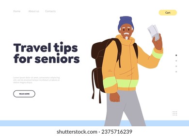 Landing page template offering travel tips for seniors, website with happy elderly tourist design