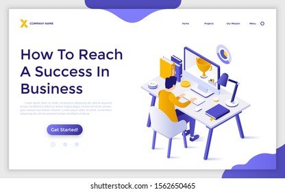 Landing page template with office worker sitting at computer with golden champion cup on screen. Concept of business success achievement, successful work strategy. Isometric vector illustration.