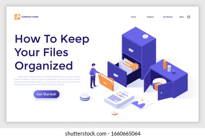 Landing page template with office worker and storage cabinet full of documents in folders. Concept of file organization, archive of business data or information. Modern isometric vector illustration.