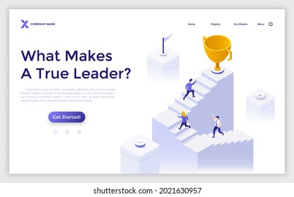 Landing page template with office workers or entrepreneurs climbing up stairs leading to golden champion cup. Concept of leader award, leadership, business competition. Isometric vector illustration.