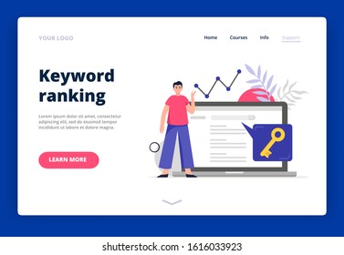 Landing page template on Search Engine Optimization theme. Man do keywords research to improve website page rank. Flat Vector illustration good for banners, ads, landing pages or other web promotion.