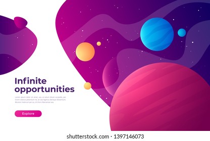 Landing page template on the topic of space, exploring, technologies, virtual and augmented reality. Vector illustration