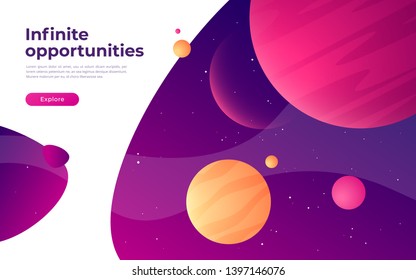 Landing page template on the topic of space, exploring, technologies, virtual and augmented reality. Vector illustration