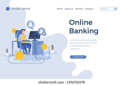 Landing page template online banking concept with office male character. Modern flat design web page for website and mobile apps. Vector illustration