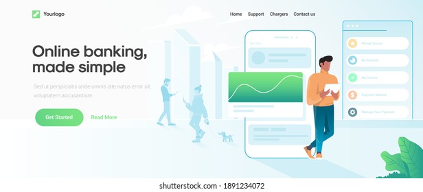 Landing page template of Online Banking. Modern flat design concept of web page design for website and mobile website. Easy to edit and customize. Vector illustration