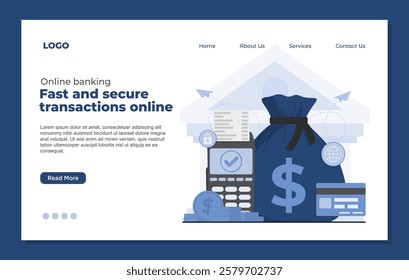 landing page template online banking concept set secure payments, mobile banking, saving money fintech app internet banking