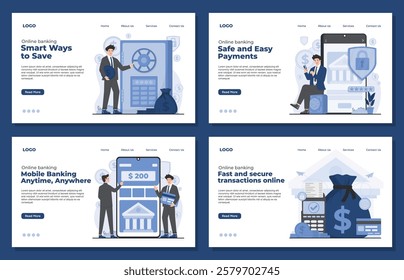 landing page template online banking concept set secure payments, mobile banking, saving money fintech app internet banking