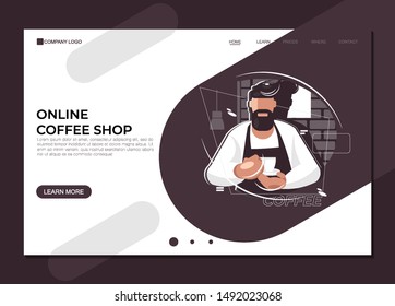 landing page template online coffee shop, vector illustration