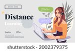 Landing page template for online courses, distance education, Internet studying, training. Yong female teacher having a lesson. Vector illustration