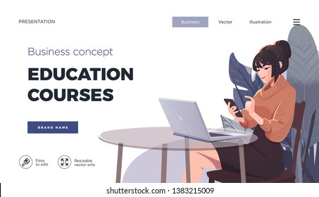 Landing page template for online courses, distance education, Internet studying, training. Education Concept, training young female. Internet student