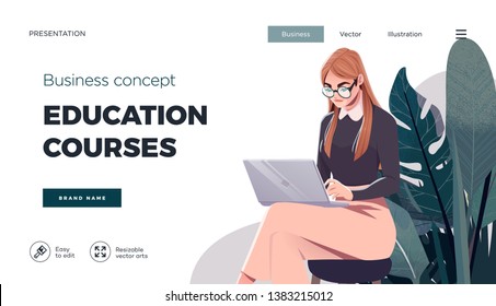 Landing page template for online courses, distance education, Internet studying, training. Education Concept, training young female. Internet student