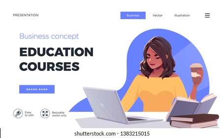 Landing page template for online courses, distance education, Internet studying, training. Education Concept, training young female. Internet student