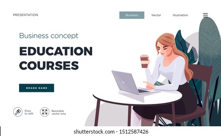 Landing page template for online courses, distance education, Internet studying, training. Education Concept, training young female. Internet student