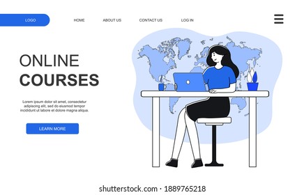 The landing page template for online courses, distance education, Internet studying, training. Education Concept training young females. Internet student. Women studying on laptops.