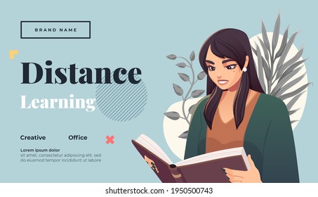 Landing page template for online courses, distance education, Internet studying, training. Yong female teacher having a lesson. Vector illustration