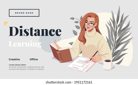 Landing page template for online courses, distance education, Internet studying, training. Yong female teacher having a lesson. Vector illustration