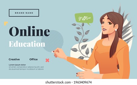 Landing page template for online courses, distance education, Internet studying, training. Yong female teacher having a lesson. Vector illustration