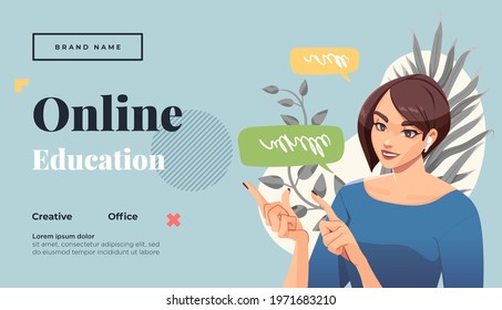 Landing page template for online courses, distance education, Internet studying, training. Yong female teacher having a lesson. Vector illustration