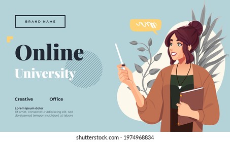 Landing page template for online courses, distance education, Internet studying, training. Yong female teacher having a lesson. Vector illustration