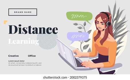 Landing page template for online courses, distance education, Internet studying, training. Yong female teacher having a lesson. Vector illustration
