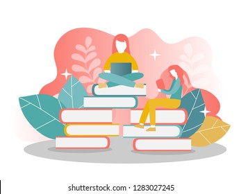 Landing Page Template Of Online education - Reading Books - Two Girls. Modern Flat Design Concept Of Web Page Design For Website And Mobile Website. Vector Illustration.