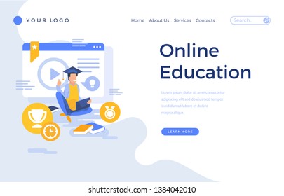 Landing page template online education concept with office male character. Modern flat design web page for website and mobile apps. Vector illustration