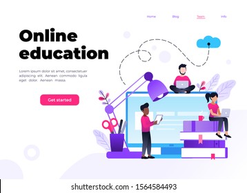 Landing page template of Online education program. Modern flat design concept of web page. Vector illustration with pile of books and small multiracial people.